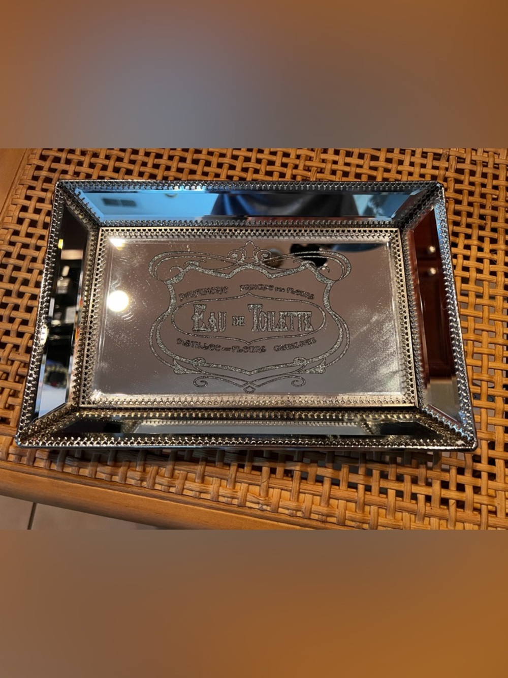 Vintage Mirrored Trinket Tray - Silver 'Eau de Toilette'
